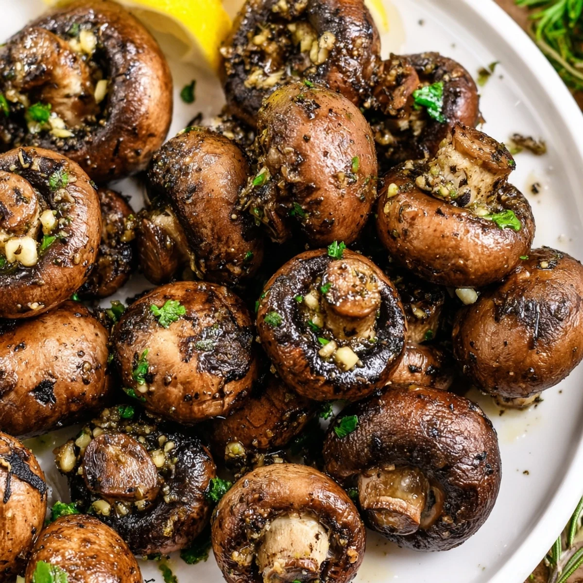 Smoky grilled garlic mushrooms sizzling in a skillet with fragrant herbs and melted butter.