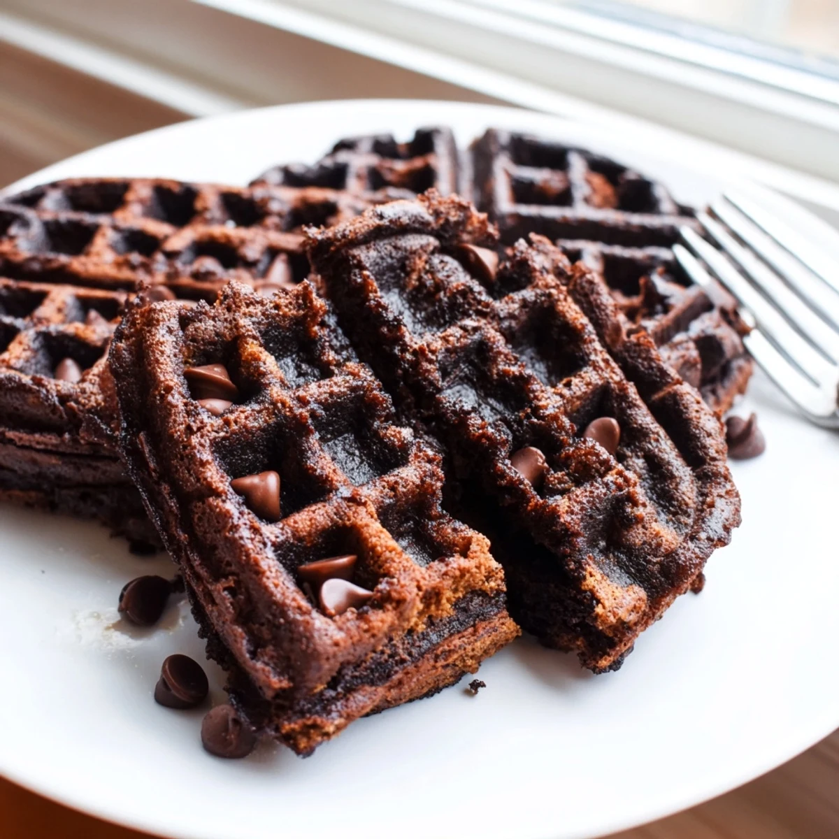 Crisp fudgy brownie waffles fresh off the iron with melted chocolate chips throughout