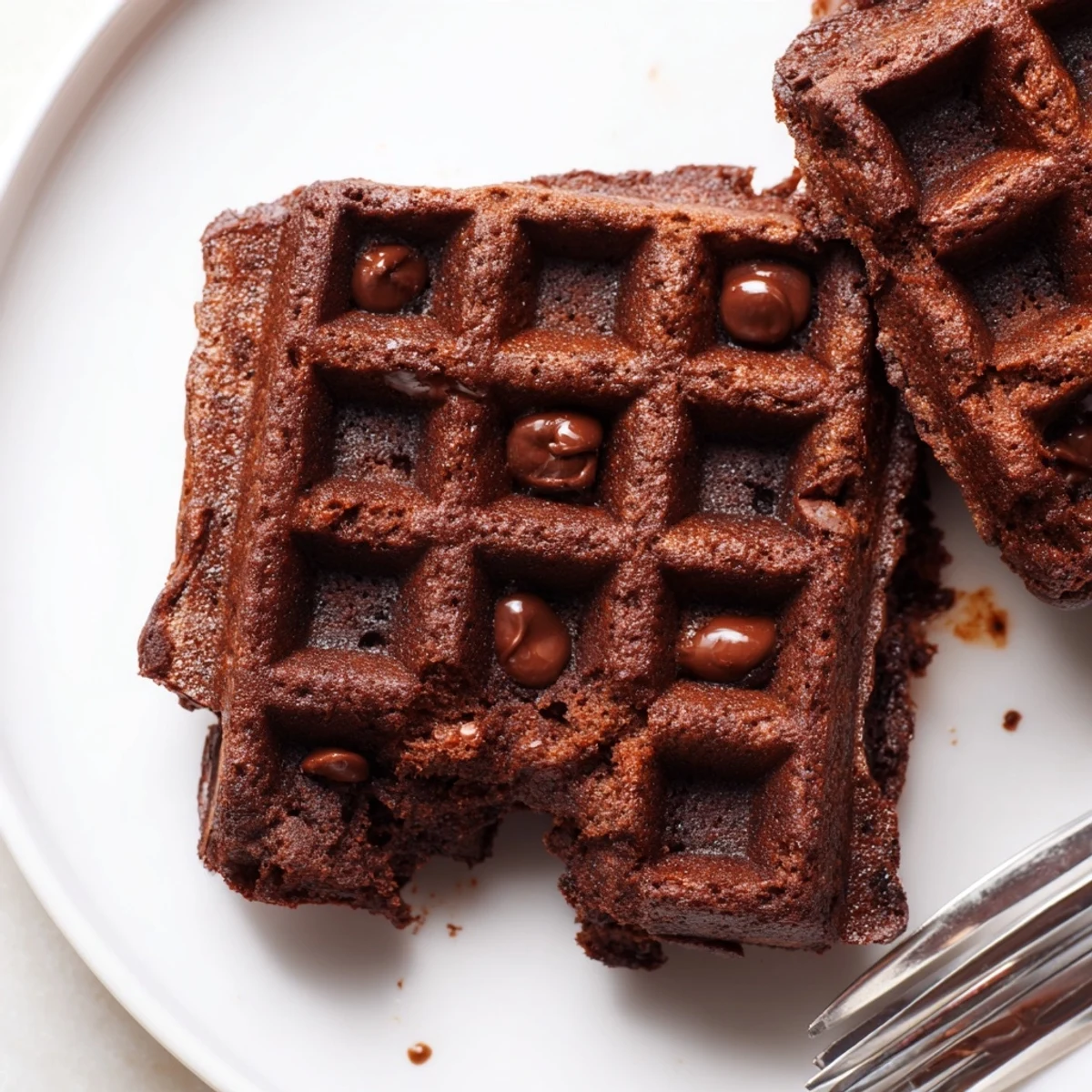 Warm fudgy brownie waffles topped with whipped cream and fresh berries