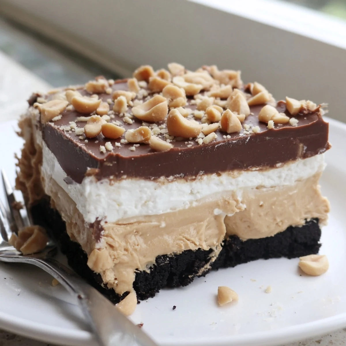 Creamy peanut butter layered delight with rich chocolate ganache on a cookie crust