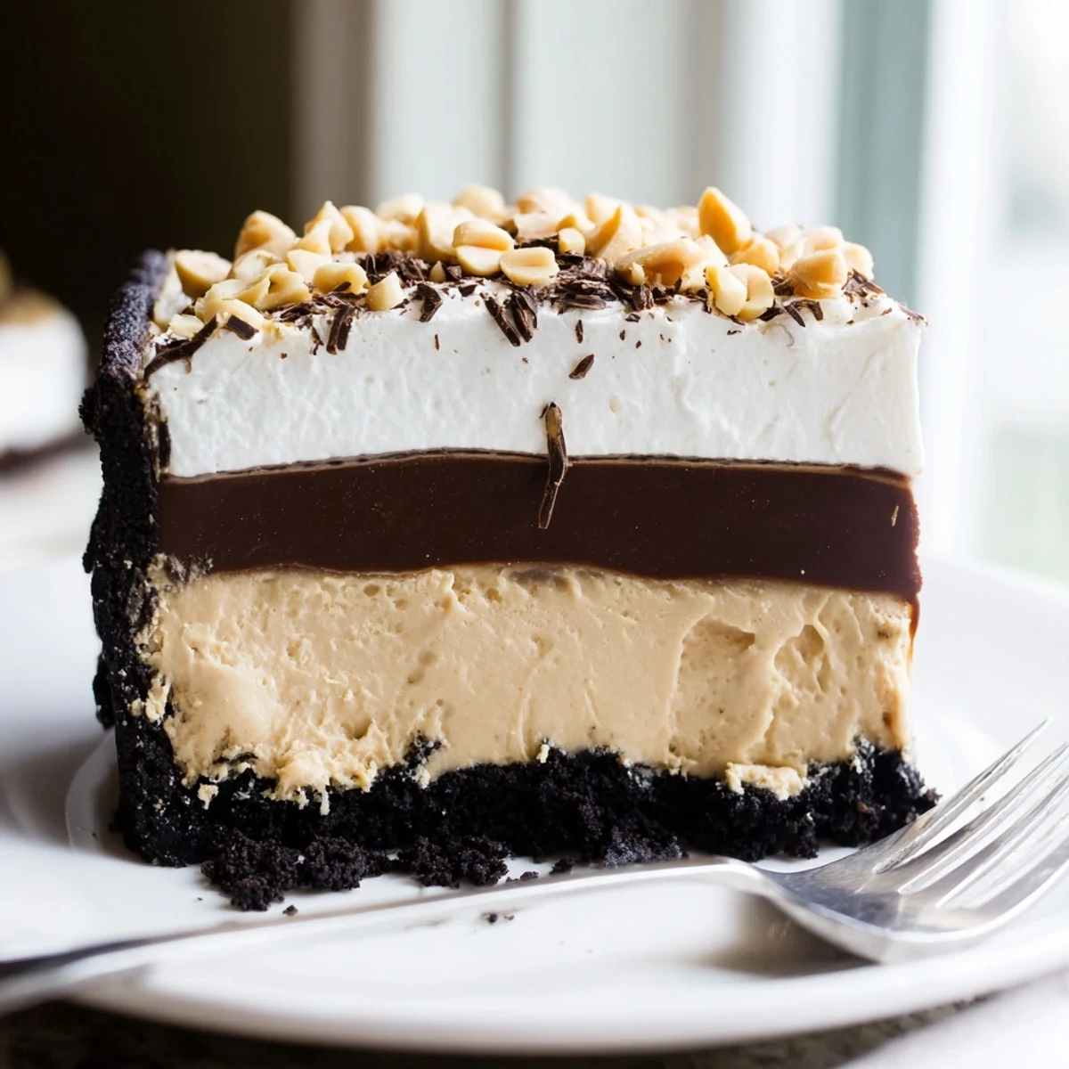 Golden peanut butter layered delight topped with whipped cream and chopped roasted peanuts