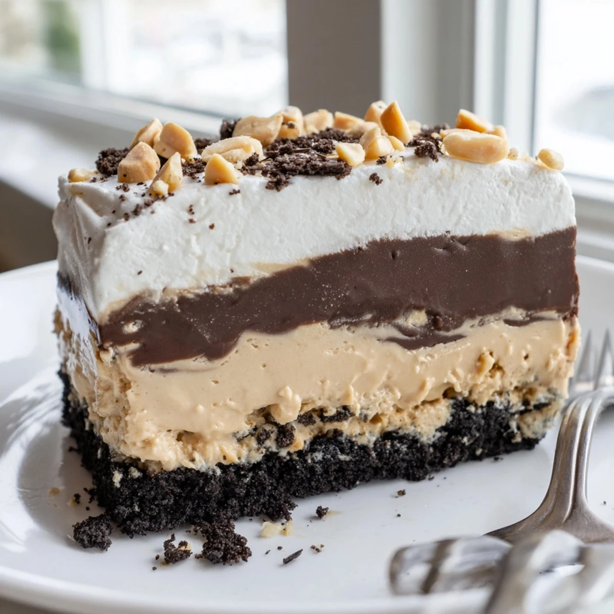 Peanut butter layered delight sliced to reveal velvety peanut butter and chocolate filling