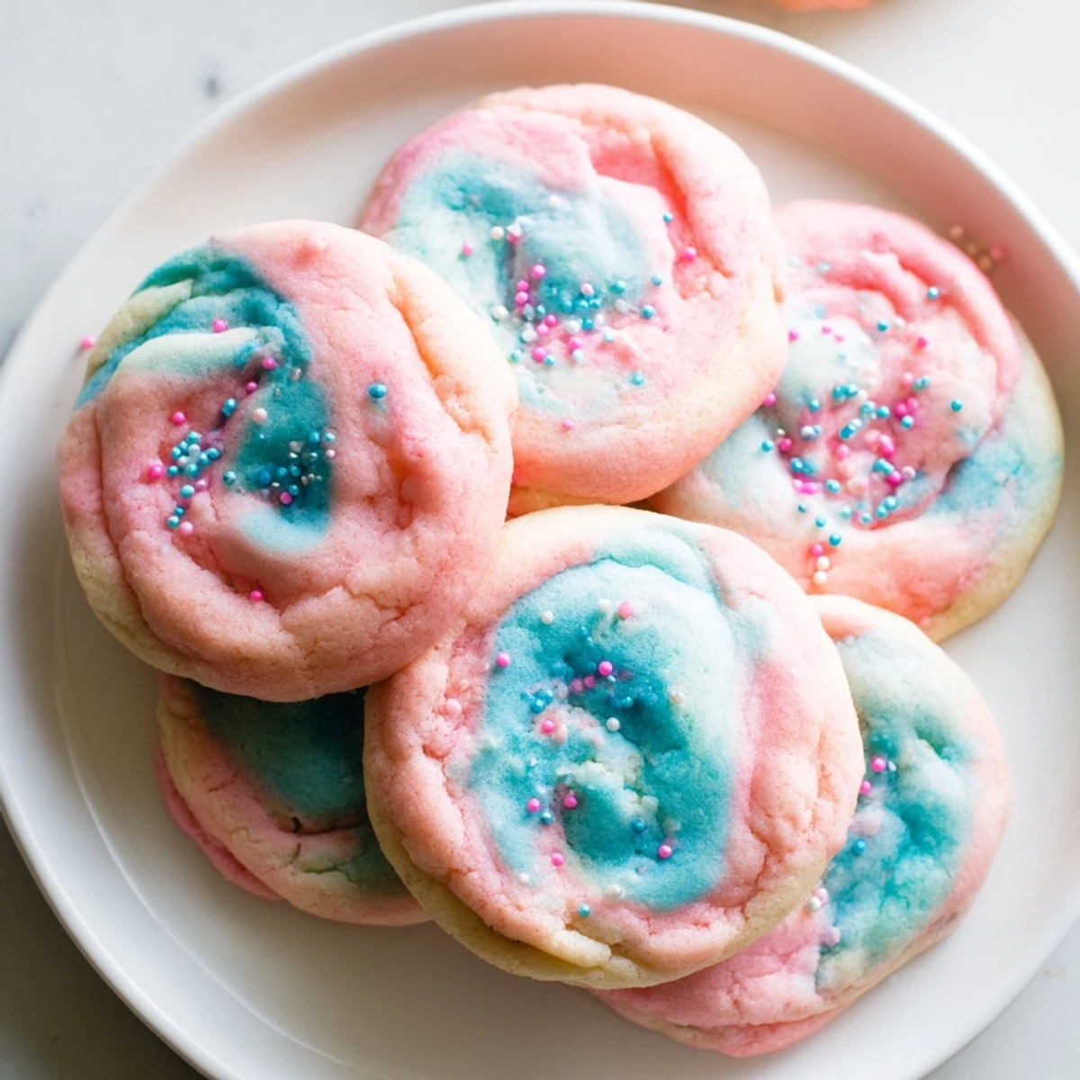 Swirled pink and blue cotton candy cookies with rainbow sprinkles on a rustic baking sheet