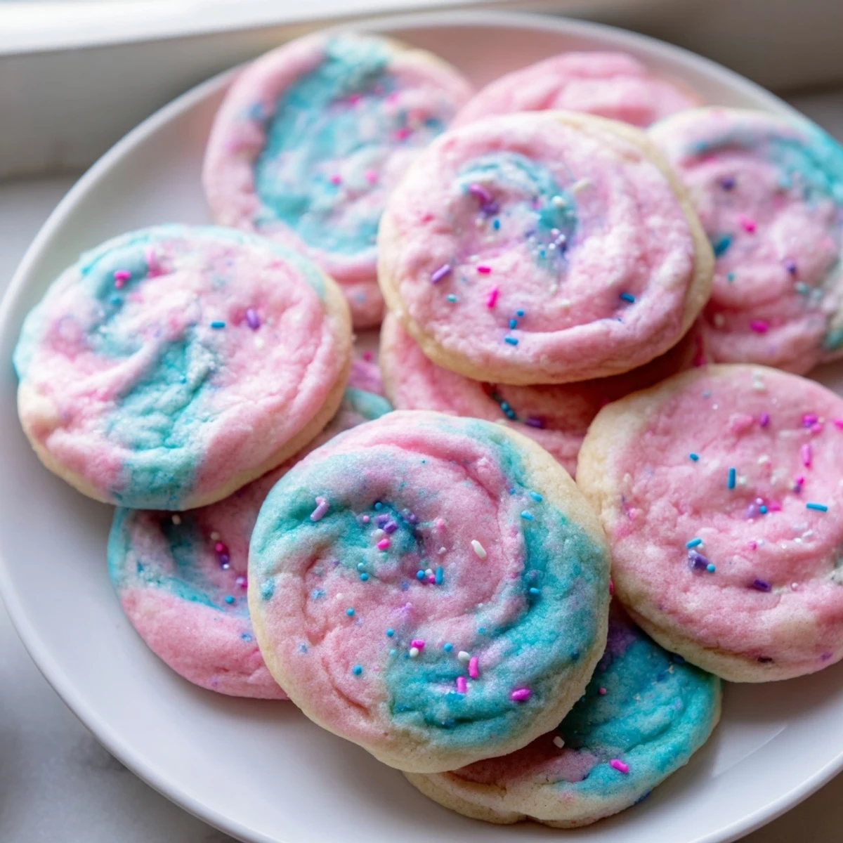 Soft pastel cotton candy cookies with chewy centers arranged on a white serving platter