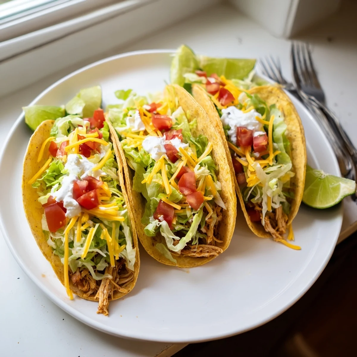 Warm slow cooker ranch chicken tacos garnished with diced tomatoes and a bright lime wedge