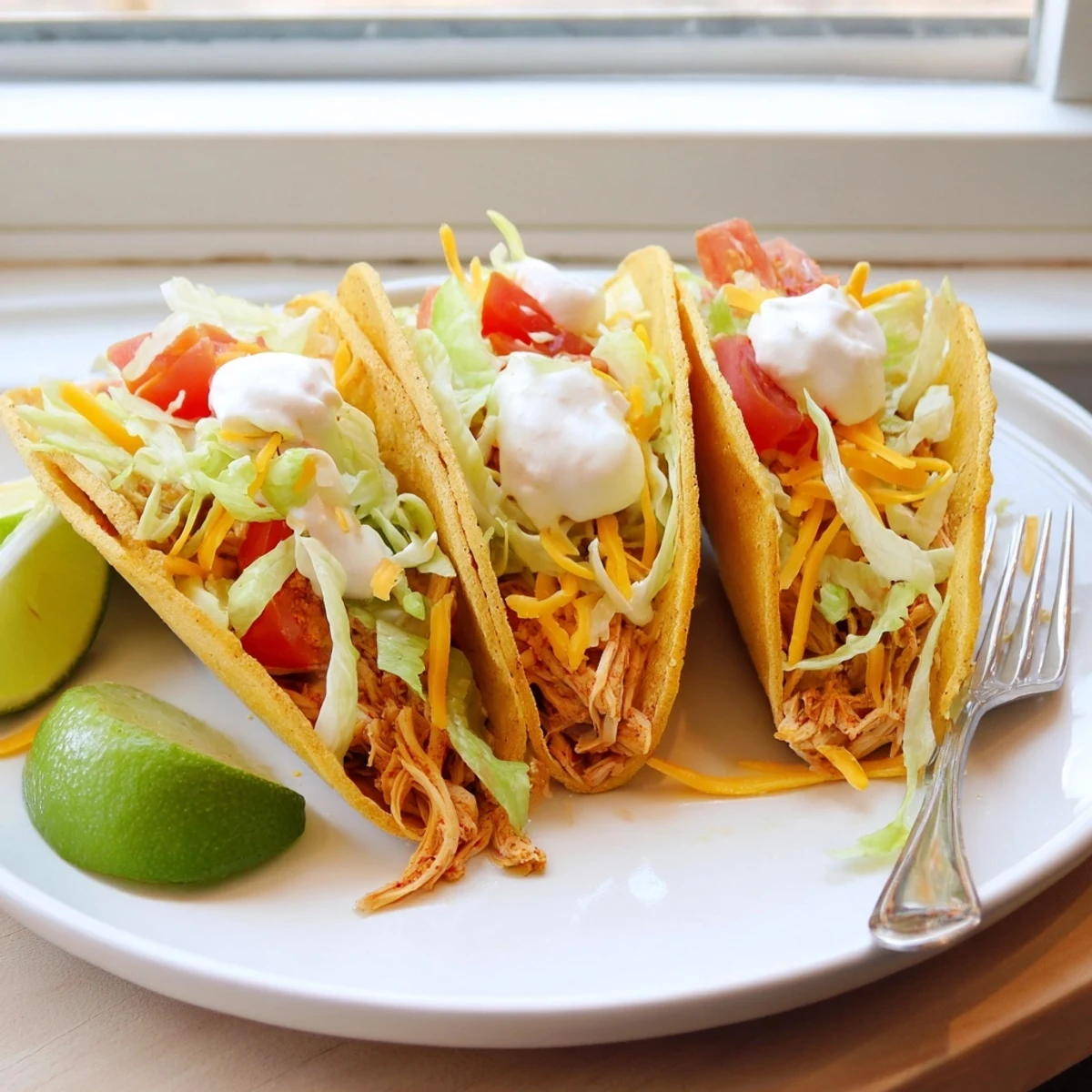 Tender shredded slow cooker ranch chicken tacos loaded with crisp lettuce and sour cream
