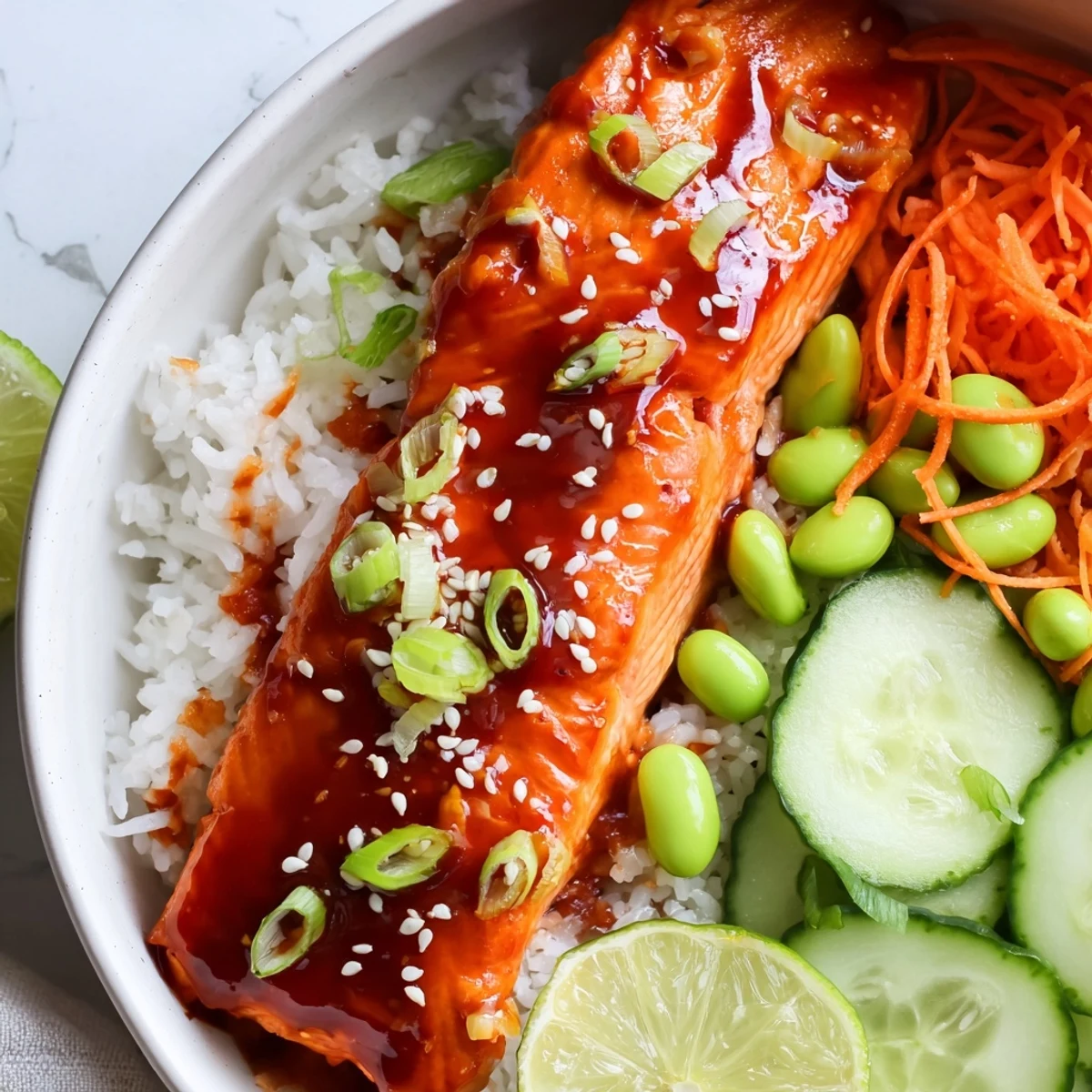 Glossy sriracha honey glazed salmon bowls topped with sesame seeds and fresh vegetables