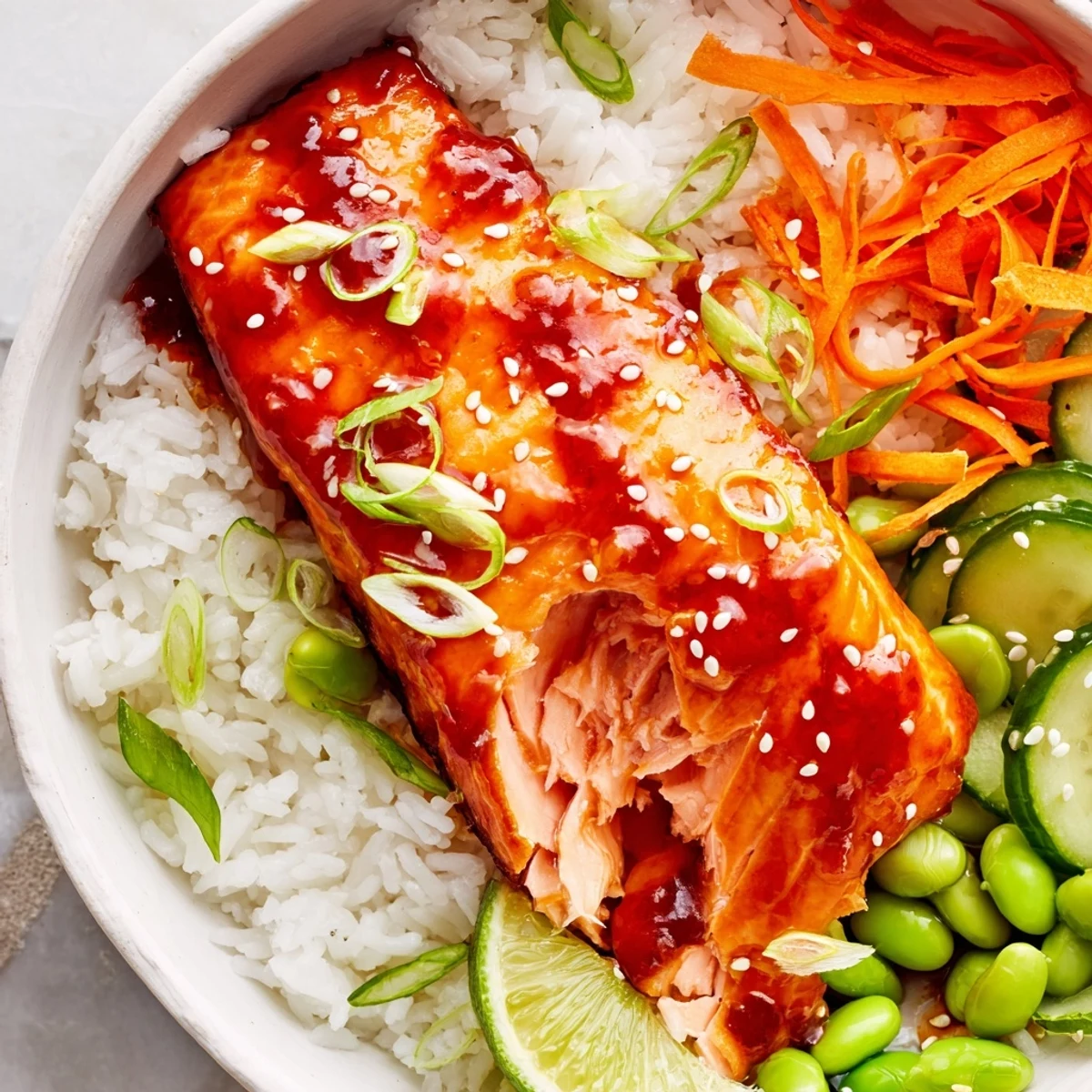Golden caramelized sriracha honey glazed salmon bowls drizzled with sweet and spicy glaze