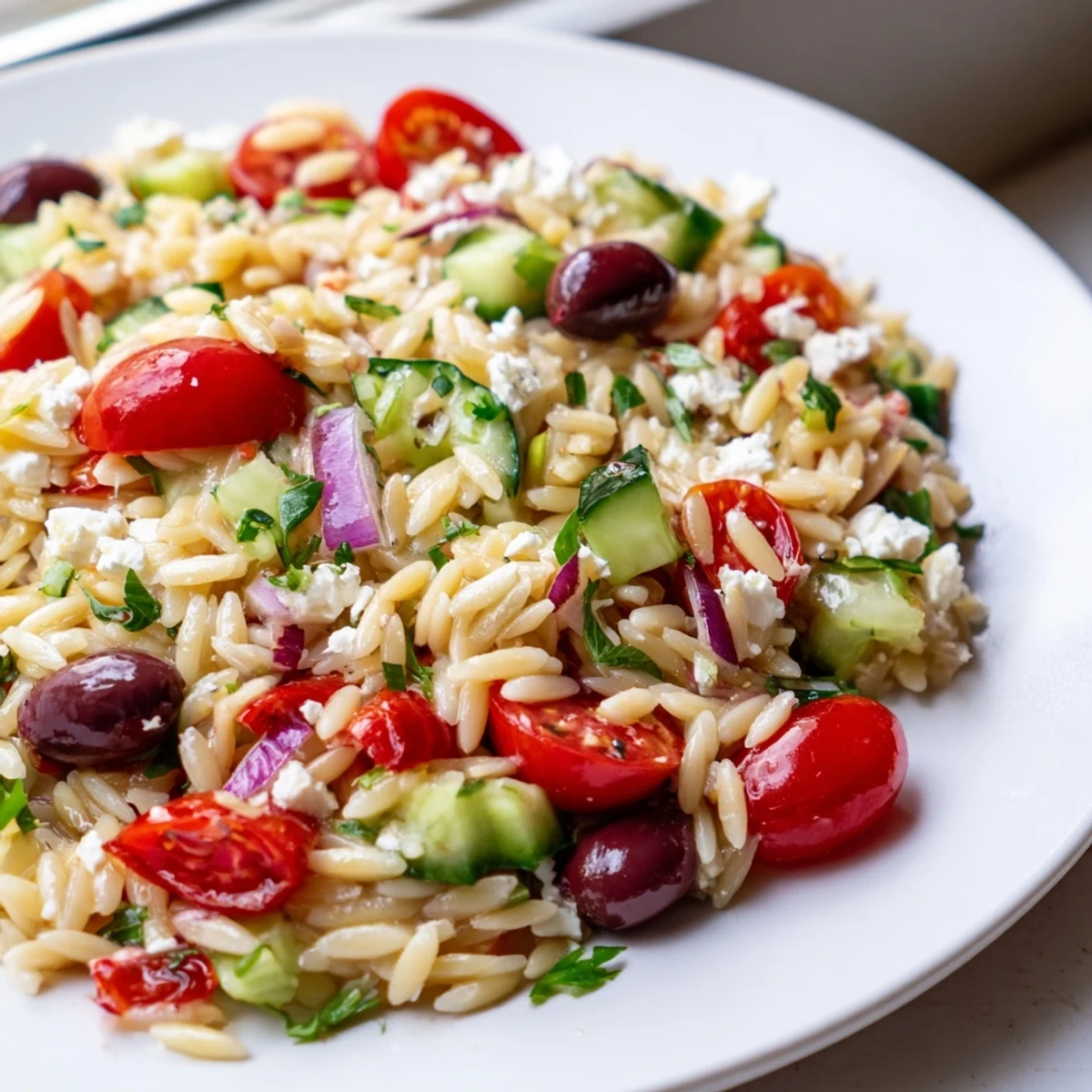 Juicy Mediterranean Orzo Pasta Salad nestled in a rustic white serving bowl with fresh herbs