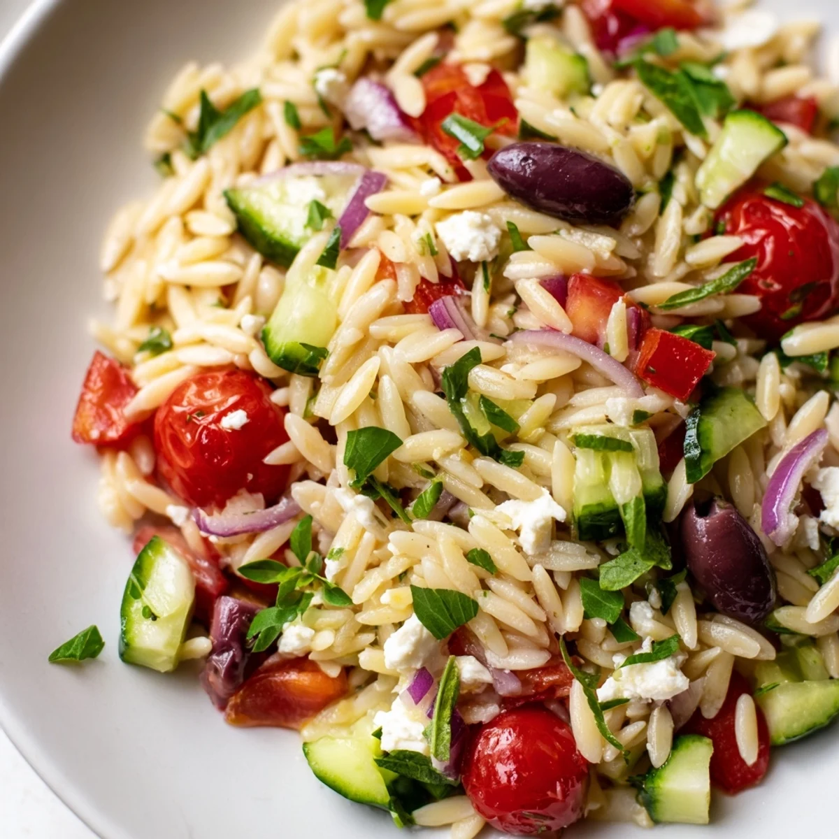 Colorful Juicy Mediterranean Orzo Pasta Salad garnished with crumbled feta on a sunny patio table