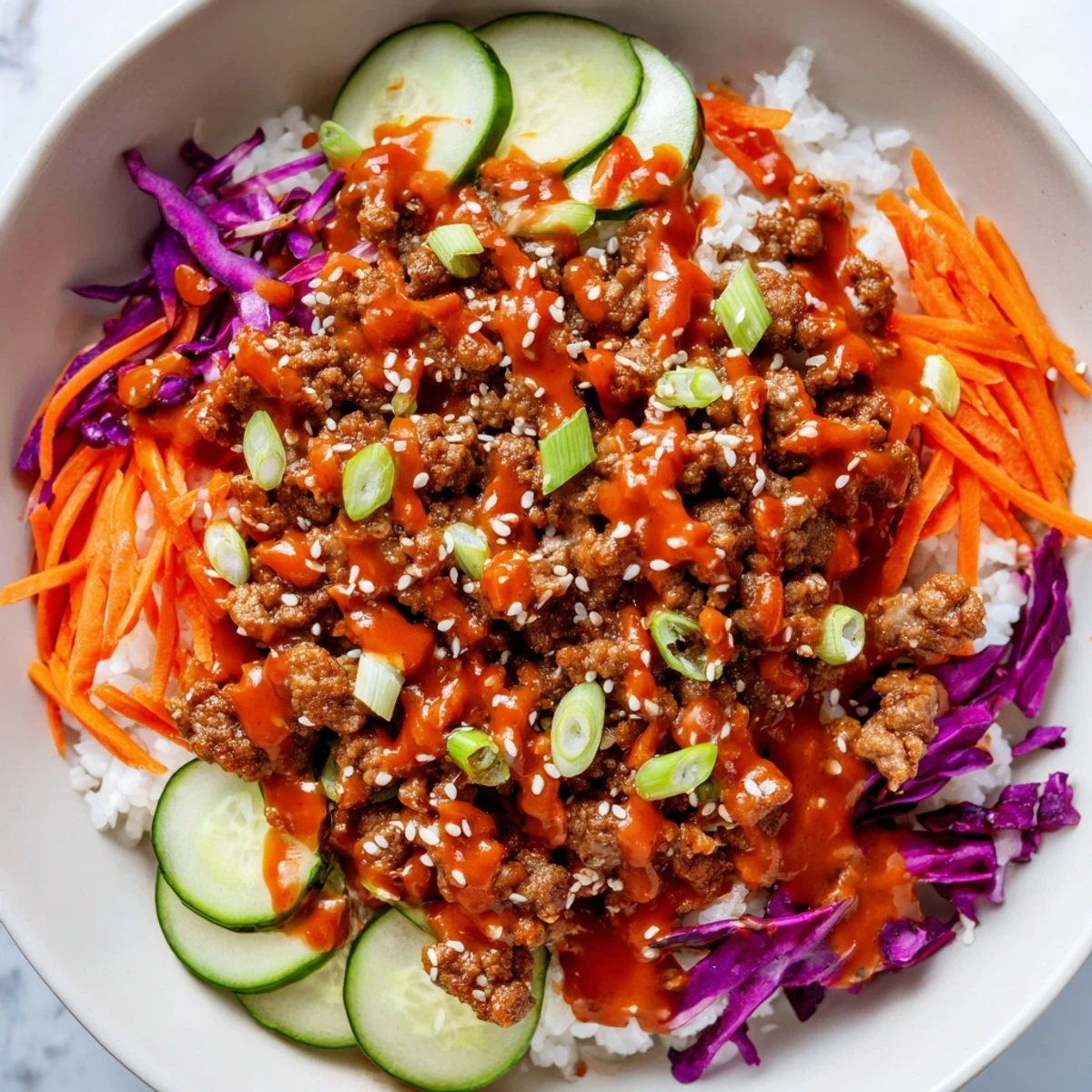 Crisp vegetables and drizzled Bang Bang sauce top hearty ground turkey rice bowls in white dishes.