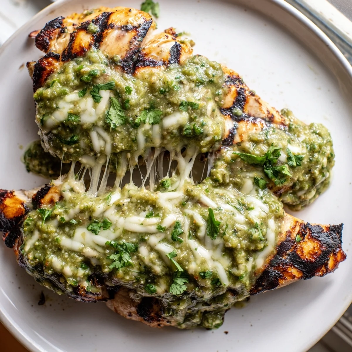 Juicy grilled chicken smothered in salsa verde and bubbling Pepper Jack cheese on a plate