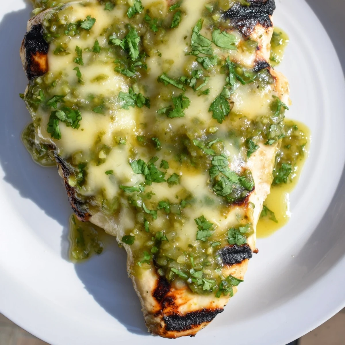 Cheesy Grilled Salsa Verde Pepper Jack Chicken topped with cilantro and a lime wedge