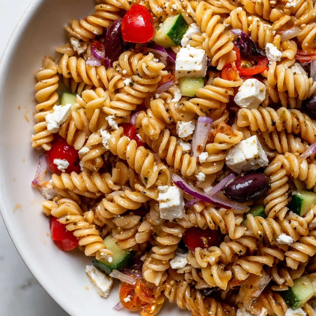 Colorful Greek Pasta Salad loaded with crunchy vegetables, tangy feta, and briny olives in a bright vinaigrette