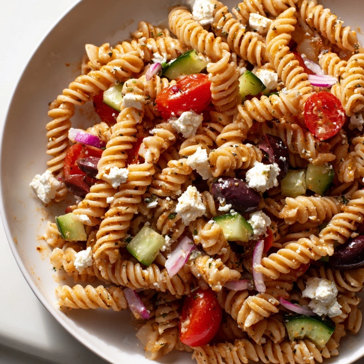 A refreshing bowl of Greek Pasta Salad tossed with crisp cucumbers, juicy tomatoes, and creamy feta