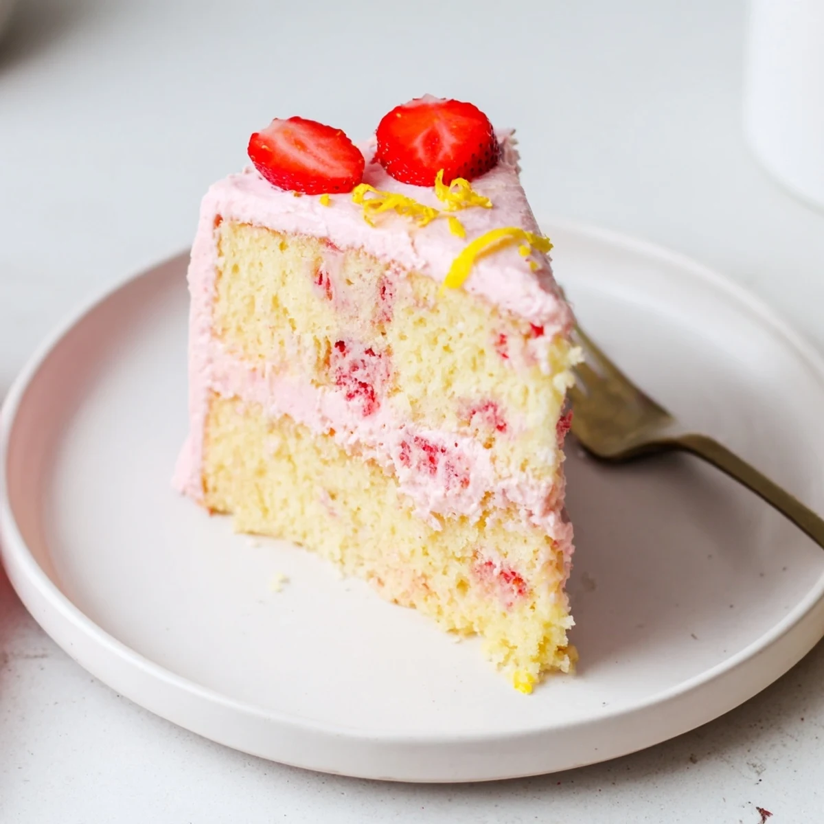Frosted strawberry lemonade cake topped with fresh strawberry slices and bright lemon zest