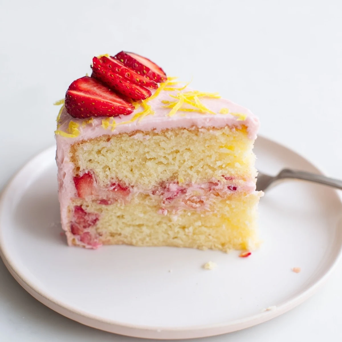 Moist strawberry lemonade cake layered with pink citrus frosting on a decorative dessert plate