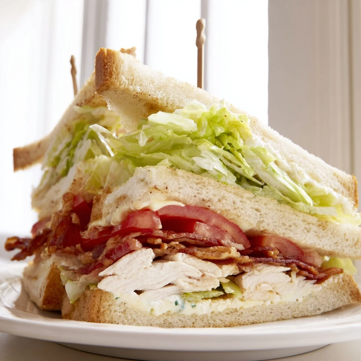Club sandwich stacked with crispy bacon, roasted chicken, and fresh lettuce on toasted bread