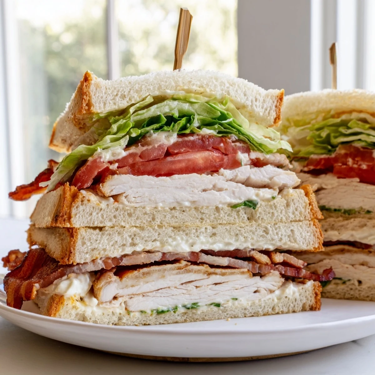 Classic club sandwich cut into triangles showing chicken, bacon, and crisp romaine layers