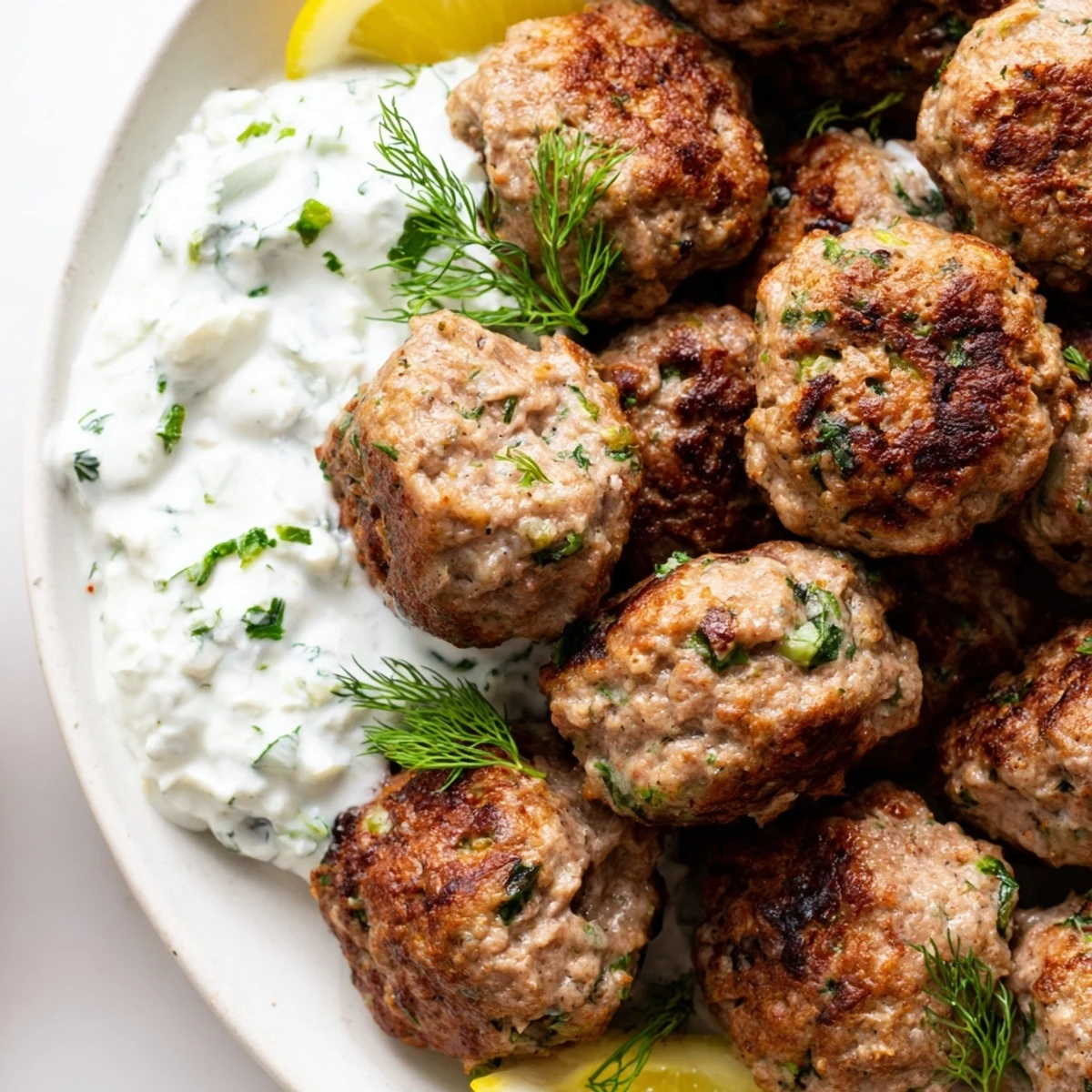 Golden Greek turkey meatballs nestled beside a bowl of cool, creamy tzatziki sauce