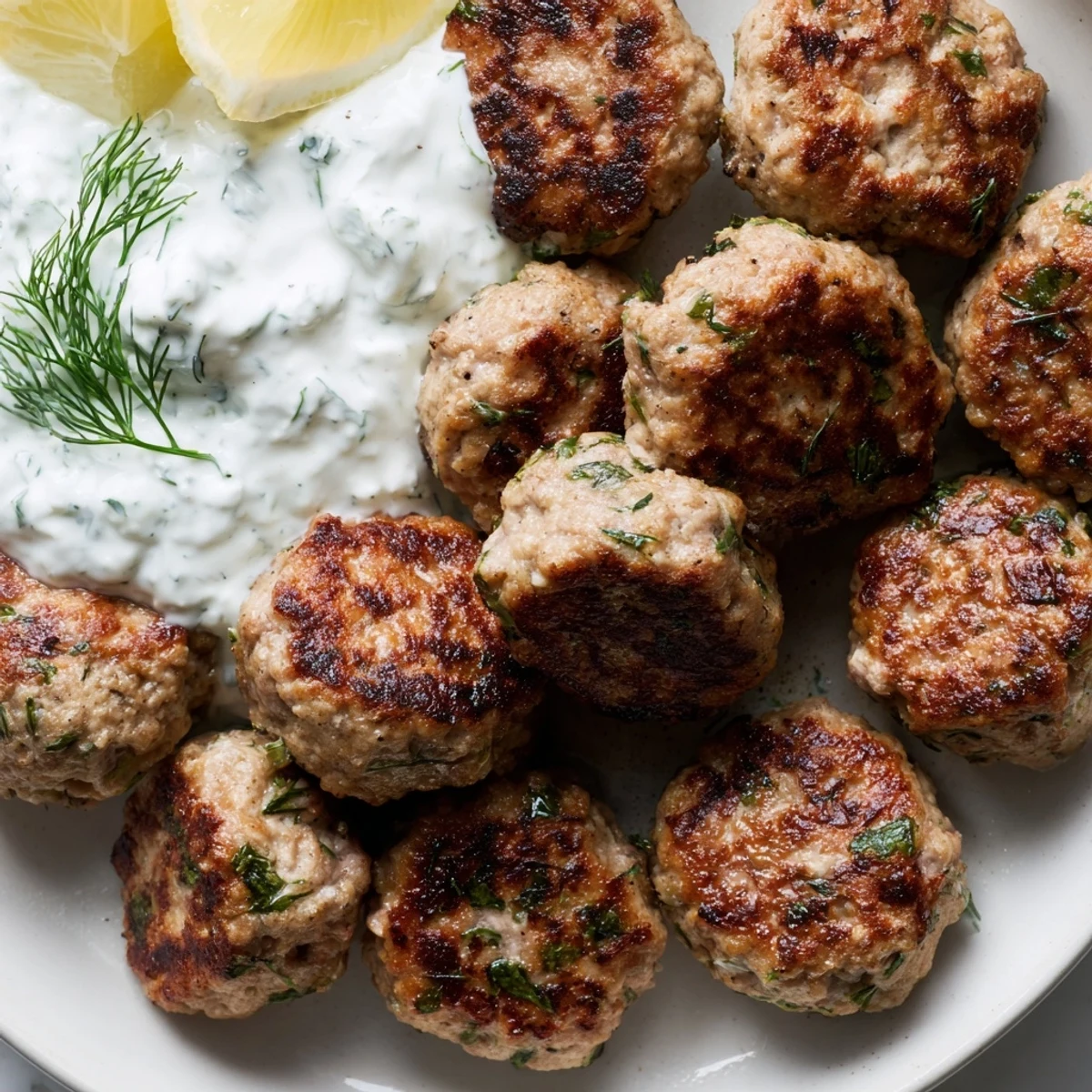 Herb-flecked Greek turkey meatballs drizzled with olive oil and bright lemon wedges nearby