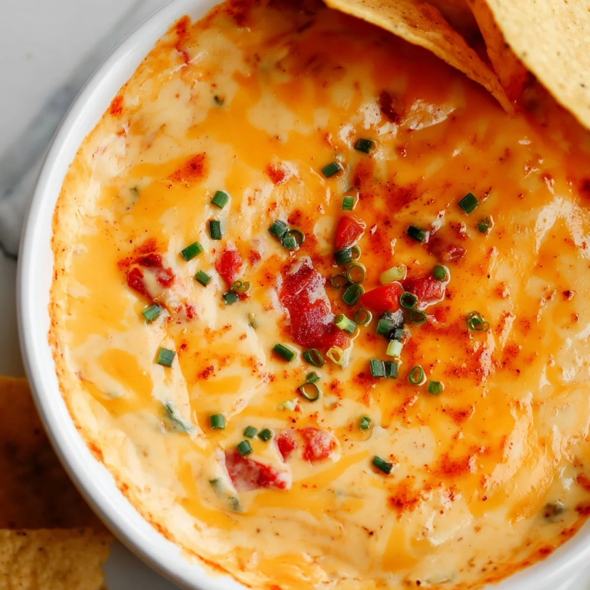 Warm creamy cheese dip served in a bowl with crispy tortilla chips
