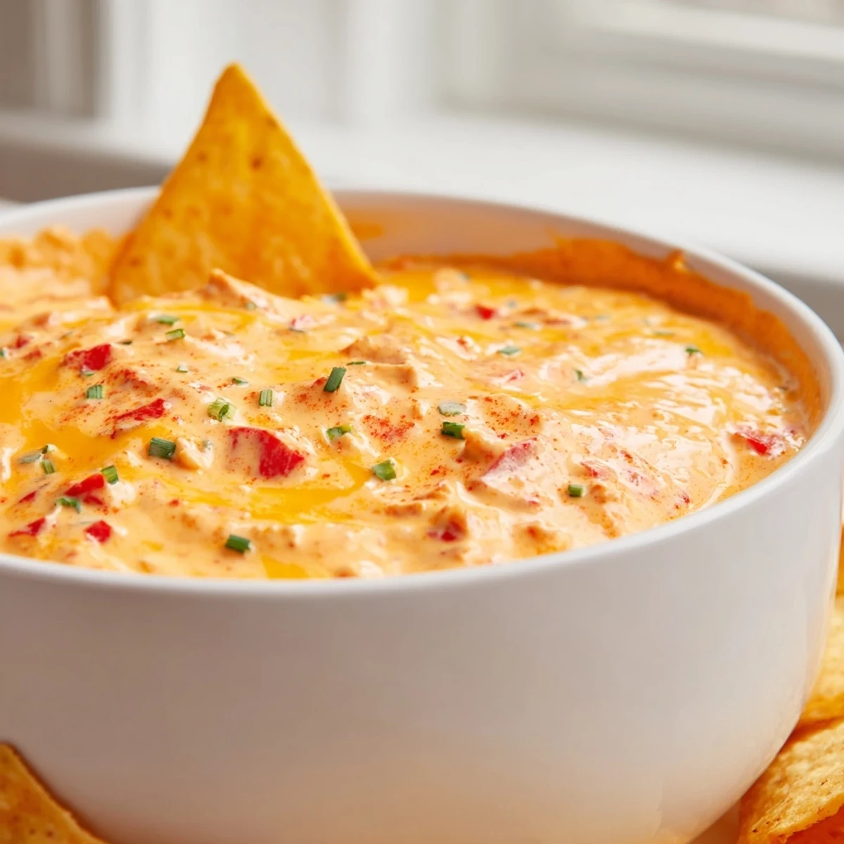 Melted cheddar and Monterey Jack cheese dip topped with fresh chives and diced tomatoes