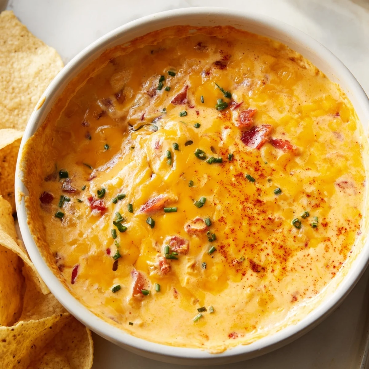 Smooth smoky cheese dip garnished with jalapeño slices surrounded by crunchy tortilla chips