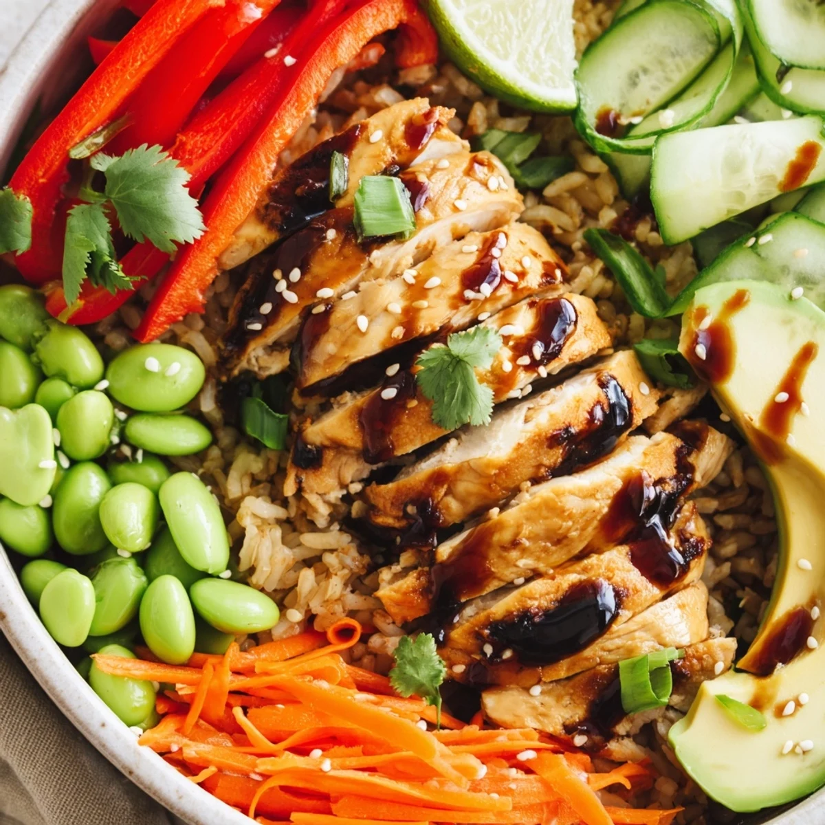 Juicy grilled Asian Inspired Chicken Power Bowl with crisp veggies and sesame dressing