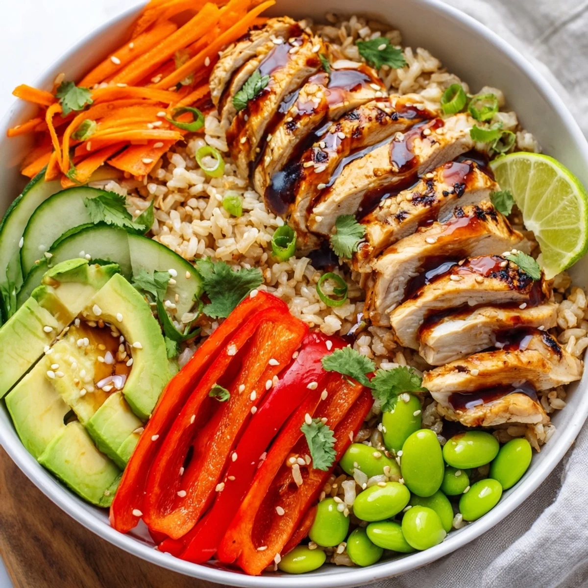 Sliced marinated chicken atop a vibrant Asian Inspired Chicken Power Bowl garnished with cilantro