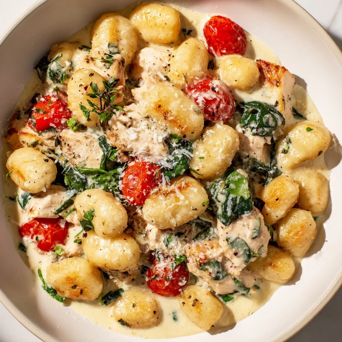 Creamy herb chicken gnocchi skillet bubbling with golden chicken and fresh herbs