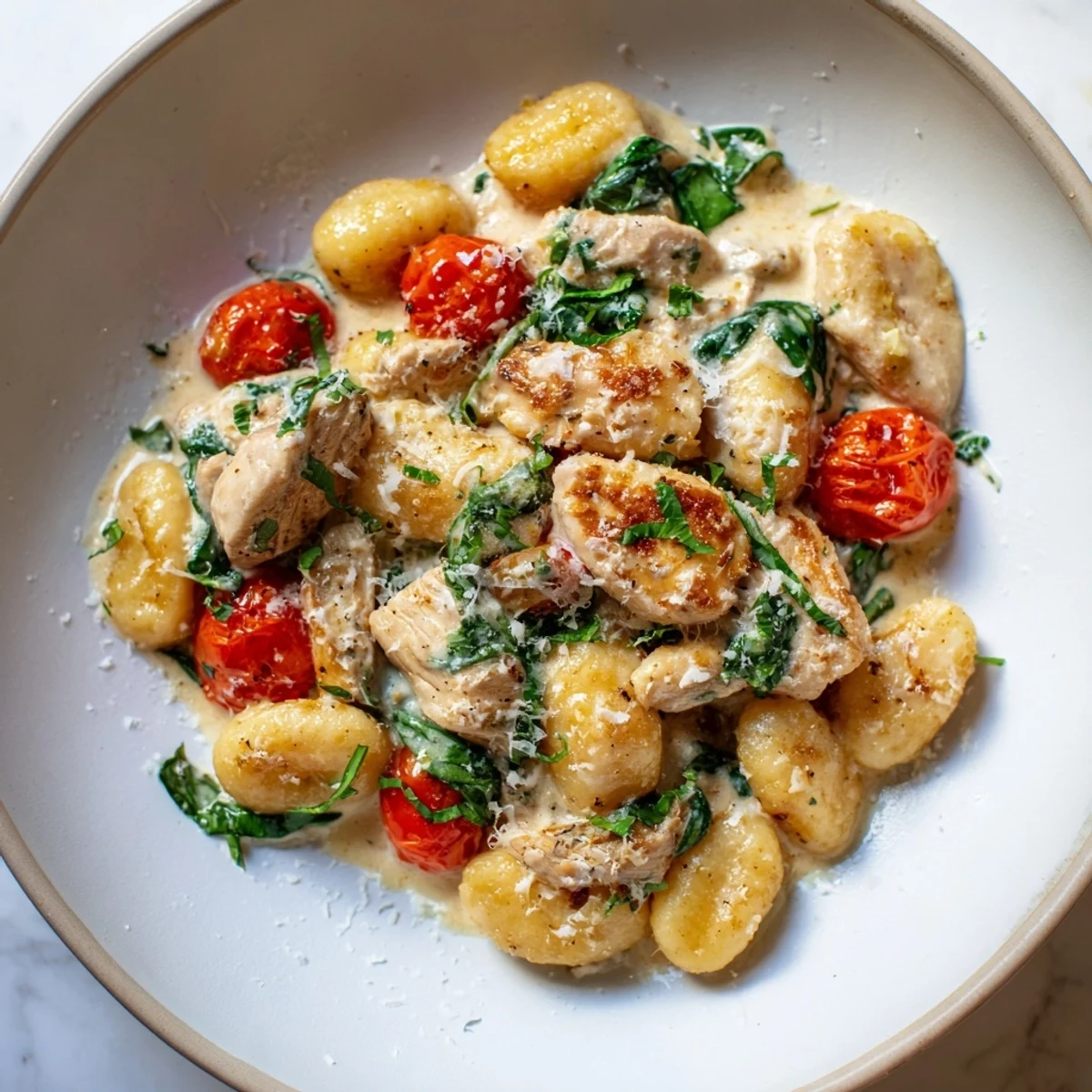 Creamy herb chicken gnocchi skillet topped with wilted spinach and melted Parmesan