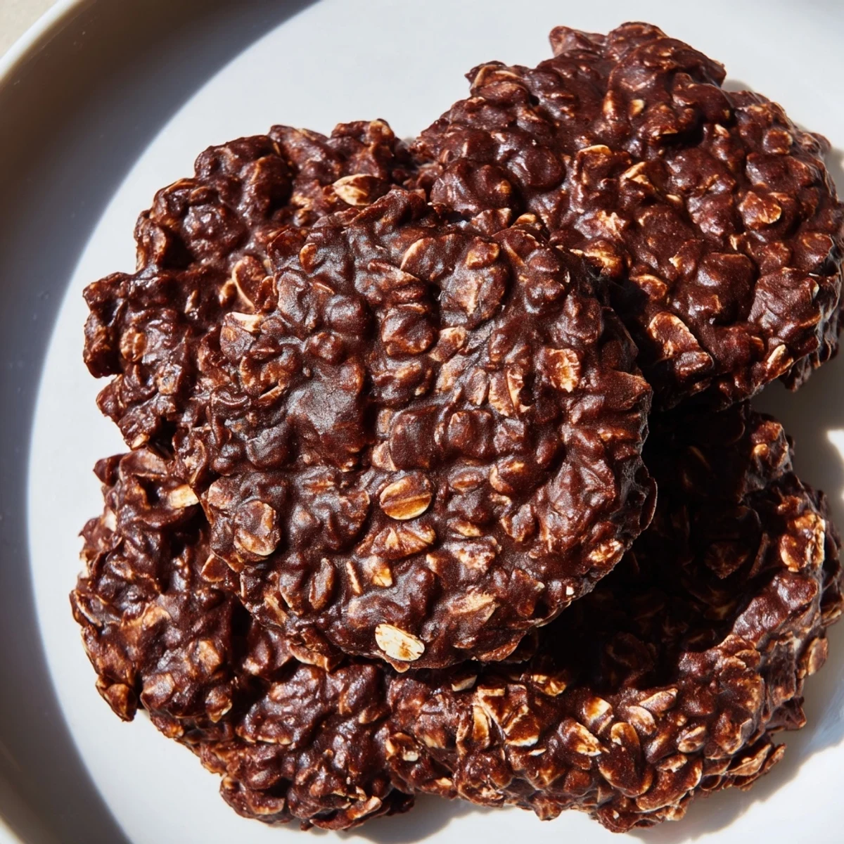 Glossy chocolate oatmeal no bake cookies piled on a rustic parchment-lined baking sheet