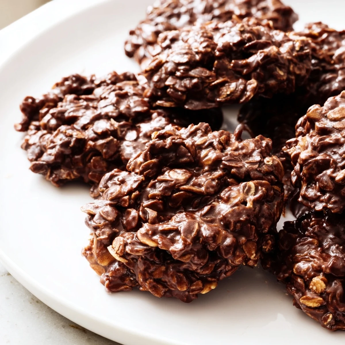 Chewy chocolate oatmeal no bake cookies studded with hearty oats and drizzled peanut butter