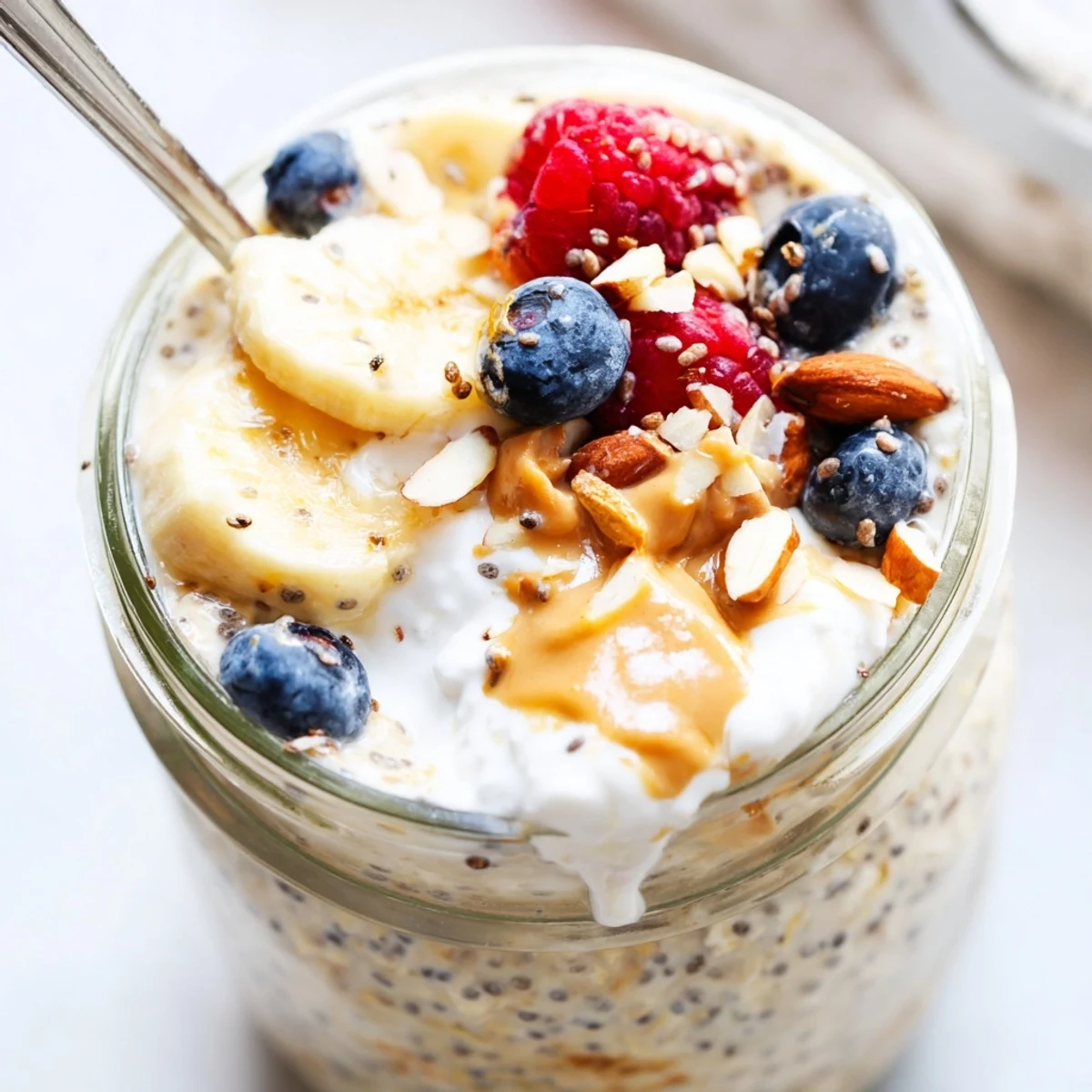 Creamy protein overnight oats topped with fresh berries and a drizzle of honey