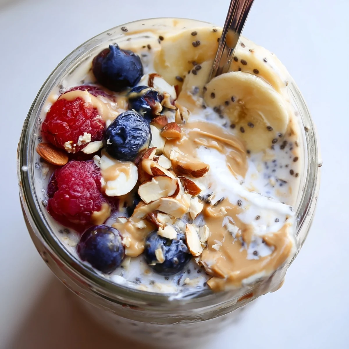 Thick protein overnight oats in a glass jar sprinkled with chopped nuts and chia seeds