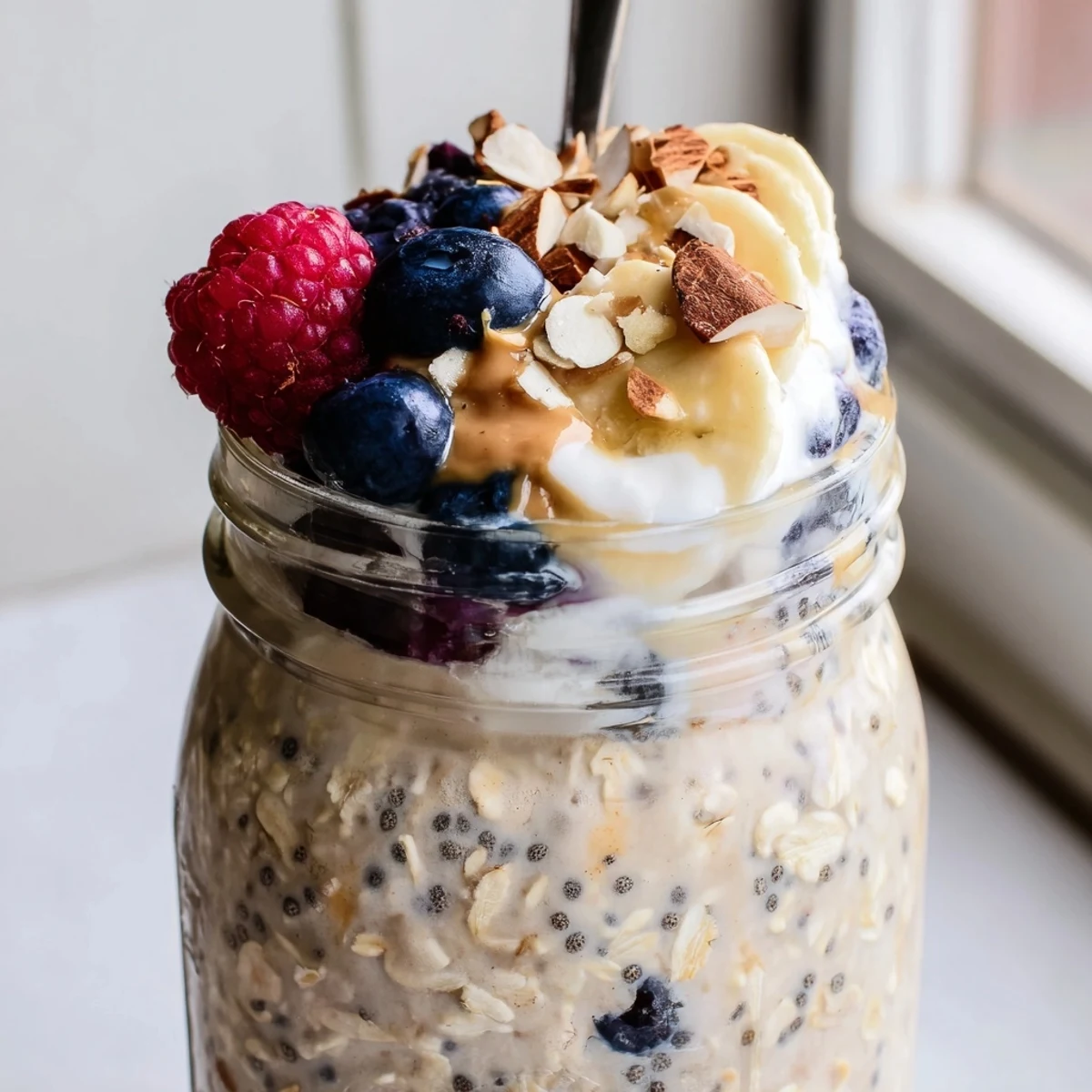 Velvety protein overnight oats served with sliced banana and a generous spoonful of almond butter