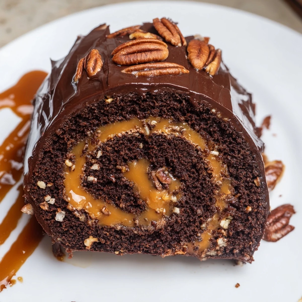 Gooey Chocolate Caramel Turtle Cake Roll sliced and drizzled with rich ganache