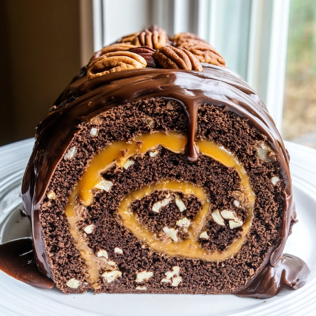 Chocolate Caramel Turtle Cake Roll