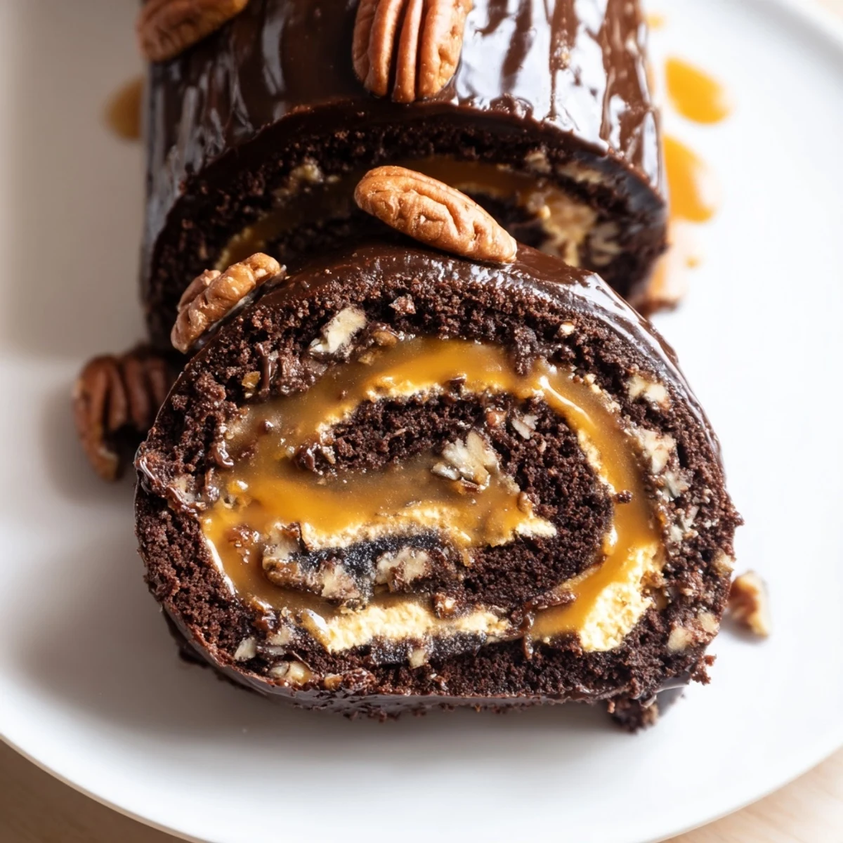 A spiral slice of Gooey Chocolate Caramel Turtle Cake Roll topped with pecans
