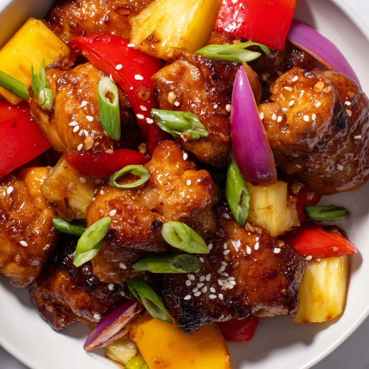 Golden Hawaiian chicken with caramelized pineapple and colorful bell peppers in sticky sauce