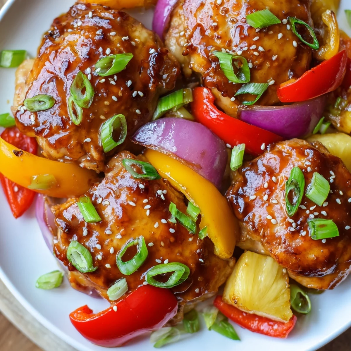 Sizzling Hawaiian chicken surrounded by sauteed onions vibrant peppers and fresh pineapple chunks
