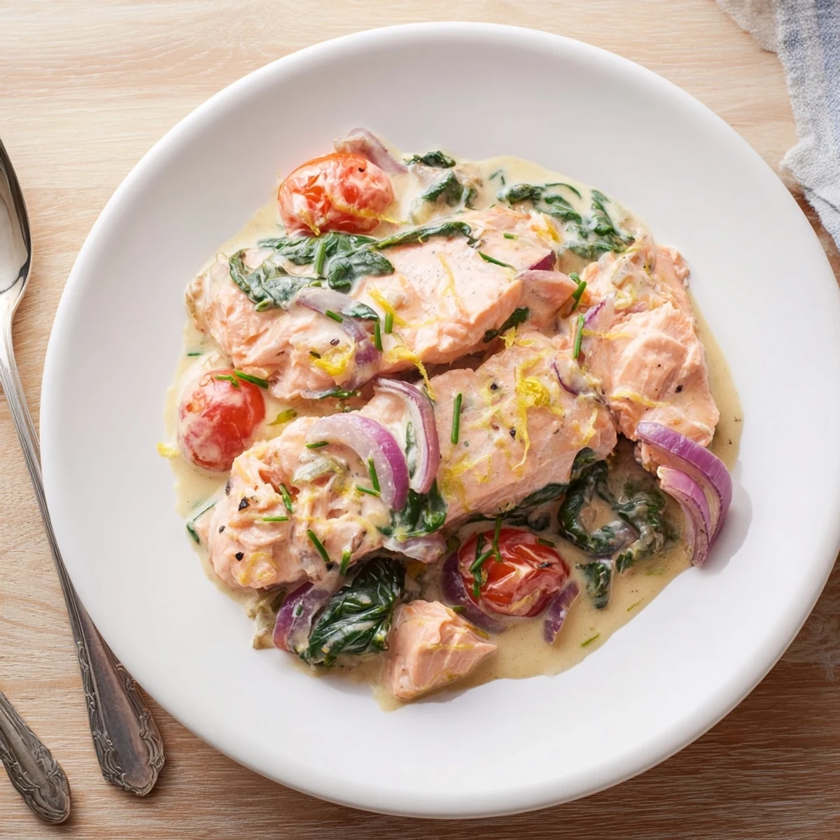 Creamy salmon with wilted spinach and tomatoes served over rice.  