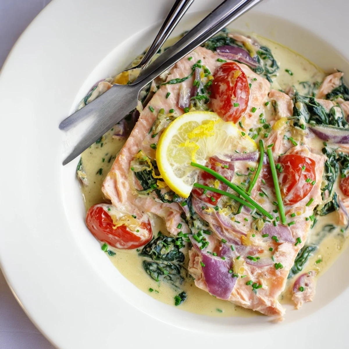 Flaked leftover salmon in a light dill cream sauce with chives.  