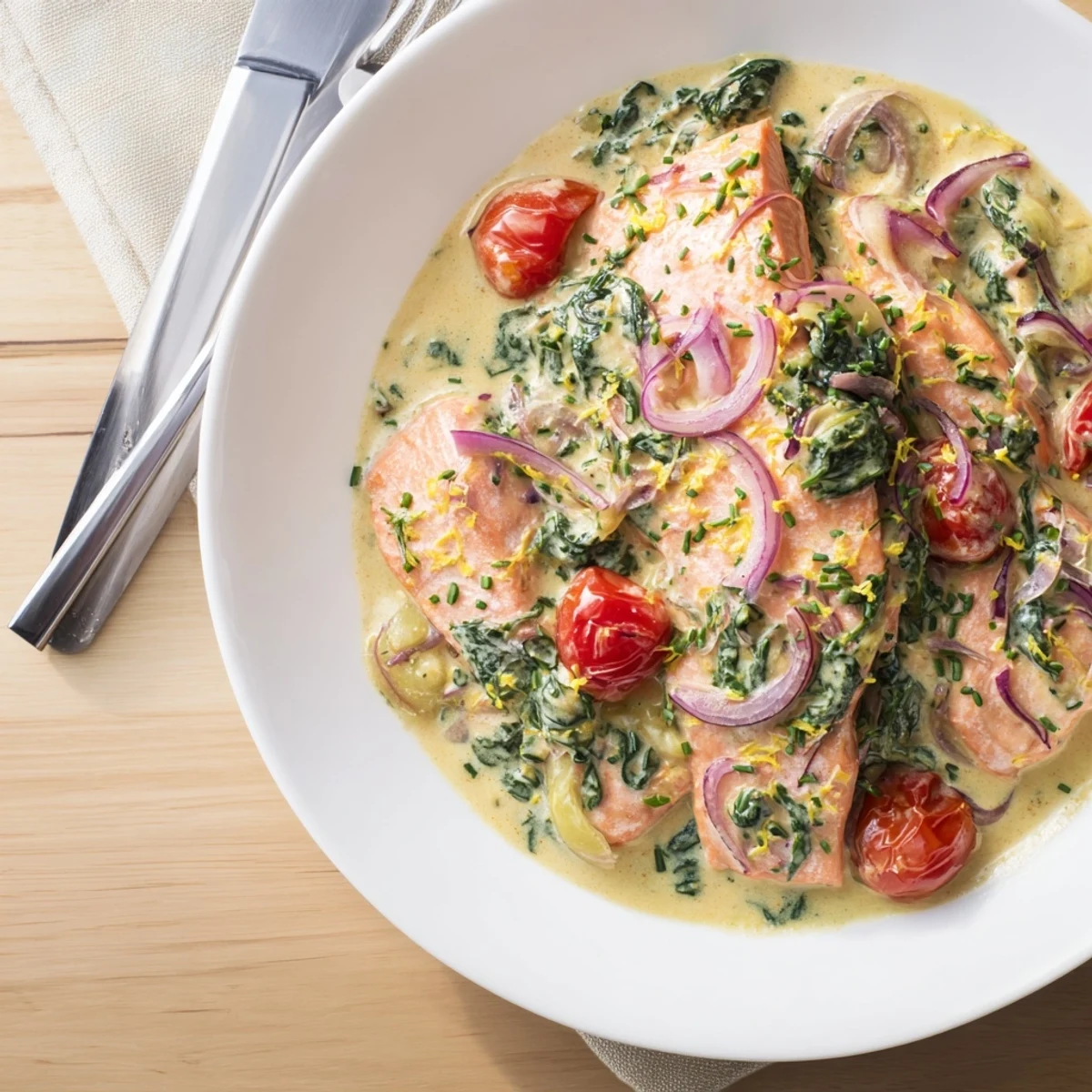 Savory healthy creamy salmon plated over quinoa with cherry tomatoes.