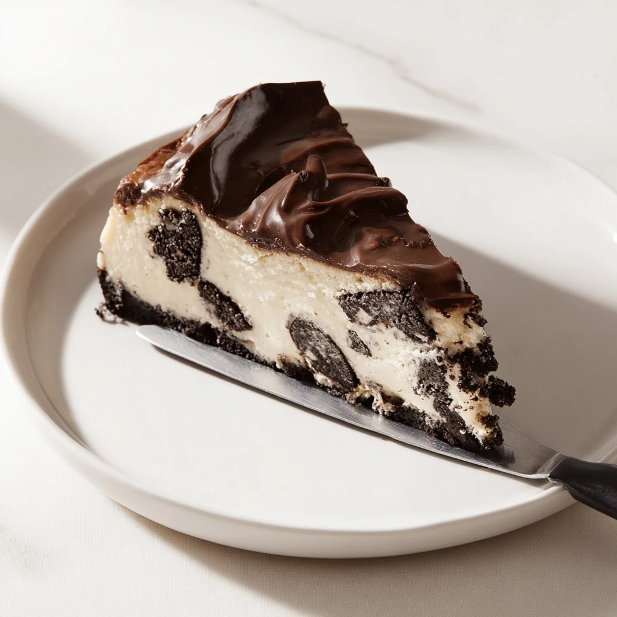 Decadent chocolate Oreo cheesecake topped with smooth ganache and crushed cookies