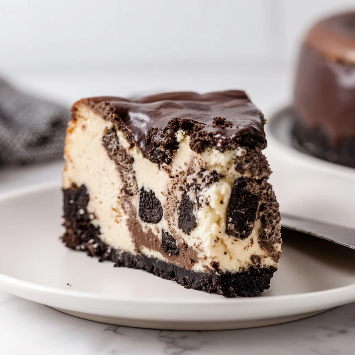Sliced Oreo chocolate cheesecake with dark ganache and crunchy cookie crumbs