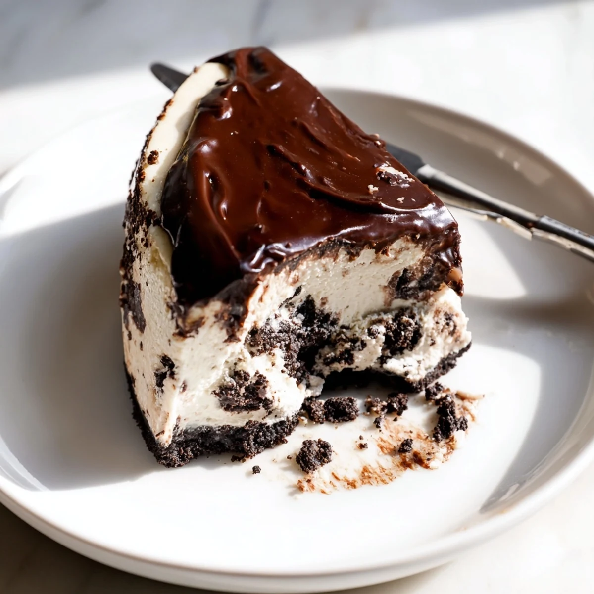 Rich Oreo cheesecake slice featuring velvety chocolate filling and whipped cream