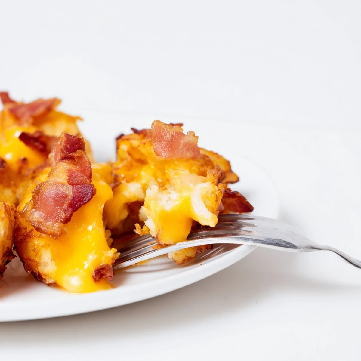 Golden brown cheesy loaded hashbrown bites topped with crumbled bacon and fresh green onions.