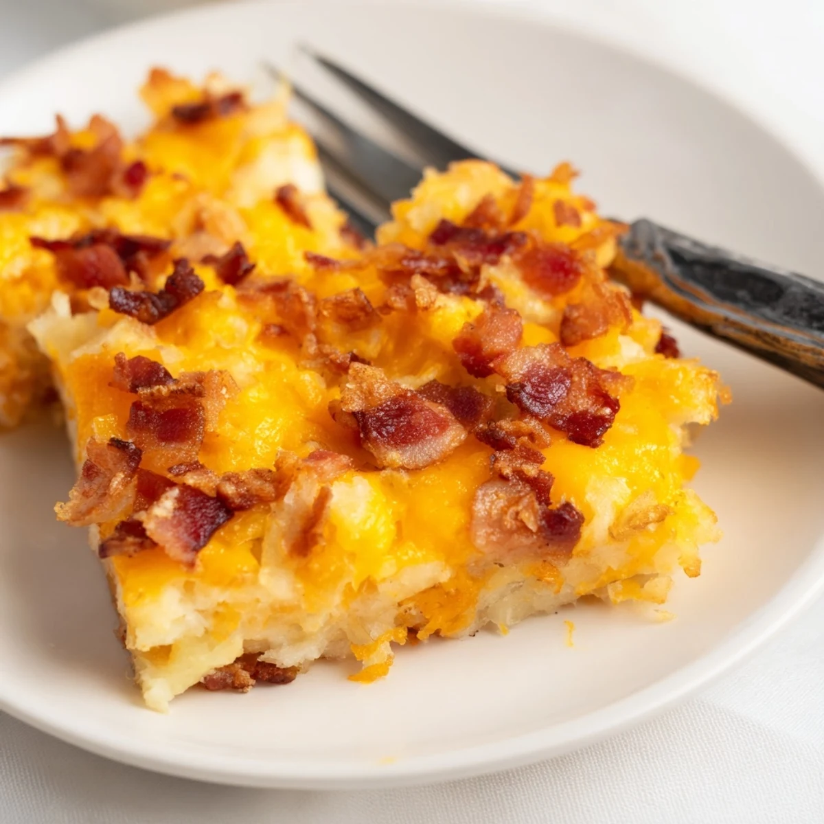 Baked hashbrown bites recipe featuring melted cheddar cheese and crispy edges served on a white plate.